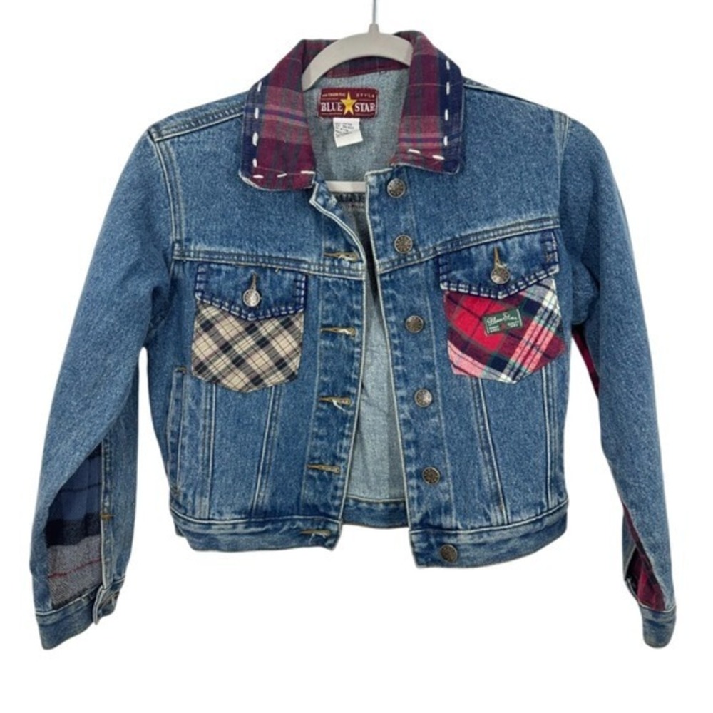 Blue Star Kids Denim Jacket Plaid Patchwork Embellished Collar Cuffs Size Medium